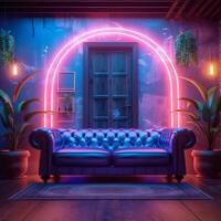 AI generated Modern lounge with dual leather couches lit by vibrant neons For Social Media Post Size photo