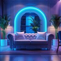 AI generated Contemporary interior featuring twin leather sofas bathed in blue light For Social Media Post Size photo