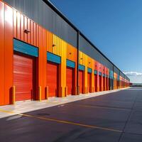AI generated Photo Colorful metal self storage units outside warehouse, industrial rental space For Social Media Post Size