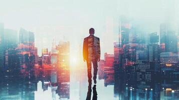 AI generated Back view of young businessman walking on abstract city background. Success and development concept. Double exposure photo