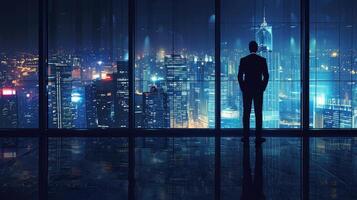 AI generated Businessman Cityscape Skyline Night Light Vision Concept photo