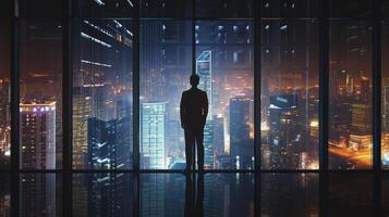 AI generated Businessman standing in a dark room and looking outside to a cityscape view photo