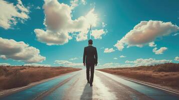 AI generated Businessman walking on highway road going up as an arrow in sky photo