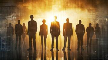 AI generated Group of business people outlines with lit background . Mixed media photo