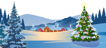 Winter snow landscape and houses with christmas tree. png