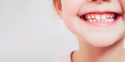 AI generated Close up of beautiful little girl smile with white teeth over plane background. Header image with empty space for text. photo