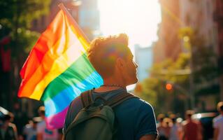 AI generated People at pride parade with rainbow flags. LGBTQ celebration march. photo