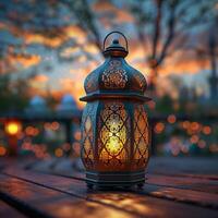AI generated Lantern illuminates wooden table, creating serene ambiance for Ramadan For Social Media Post Size photo