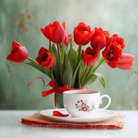 AI generated Refreshing tea beside a bouquet of beautiful red tulips For Social Media Post Size photo