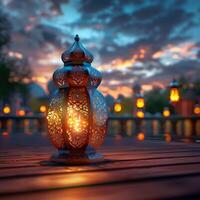 AI generated Ramadan reflections Lantern on table with serene backdrop scene For Social Media Post Size photo
