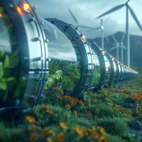 AI generated Green hydrogen concept Hydrogen pipeline foreground, wind turbines background For Social Media Post Size photo