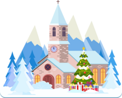 church with lights and with fir tree png