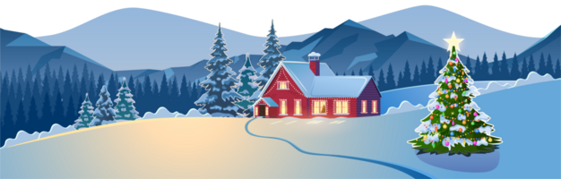 A house in a snowy Christmas landscape at night. png