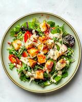 AI generated Salt-baked celeriac roast salad with creamy miso mustard dressing on light green plate, the table for placing plates is top cements table photo