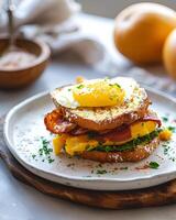 AI generated Gluten Free French Toast Sandwich with Bacon, Egg and Butternut Squash on white plate with background blur photo