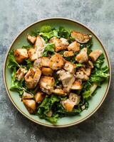 AI generated Salt-baked celeriac roast salad with creamy miso mustard dressing on light green plate, the table for placing plates is top cements table photo