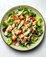 AI generated Salt-baked celeriac roast salad with creamy miso mustard dressing on light green plate, the table for placing plates is top cements table photo