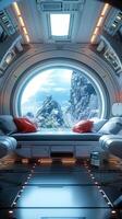 AI generated Futuristic spaceship interior with breathtaking view from window, 3D Vertical Mobile Wallpaper photo