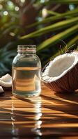 AI generated Virgin coconut oil Natural, organic essence captured in a bottle Vertical Mobile Wallpaper photo