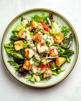 AI generated Salt-baked celeriac roast salad with creamy miso mustard dressing on light green plate, the table for placing plates is top cements table photo