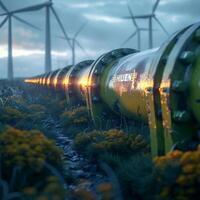 AI generated Green hydrogen concept Hydrogen pipeline foreground, wind turbines background For Social Media Post Size photo