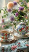 AI generated Tea set with charming floral design adds a touch of beauty Vertical Mobile Wallpaper photo