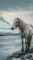 ai generado islandés paisaje adornado con magnífico caballo crea un maravilloso ver vertical móvil fondo de pantalla foto