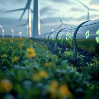 AI generated Photo Green hydrogen production concept Close up of hydrogen pipeline with wind turbines in background For Social Media Post Size