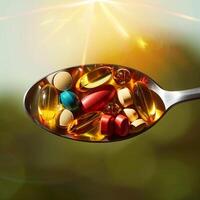 AI generated Dietary supplements arranged on spoon under vibrant sunny lighting For Social Media Post Size photo