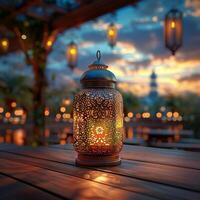 AI generated Beautiful Ramadan scene Lantern on wooden table amid peaceful setting For Social Media Post Size photo
