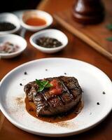 AI generated Grilled steak with barbeque sauce on a white plate, blurry background photo