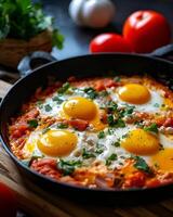 AI generated Shakshuka with egg on top in black pan photo