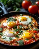 AI generated Shakshuka with egg on top in black pan photo