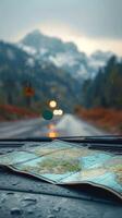 AI generated Road trip essentials Car, map, and open road ahead Vertical Mobile Wallpaper photo