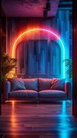ai generado moderno salón con doble cuero sofás iluminado por vibrante neones vertical móvil fondo de pantalla foto
