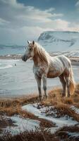 ai generado icónico islandés paisaje presentando majestuoso caballo en medio de maravilloso paisaje vertical móvil fondo de pantalla foto