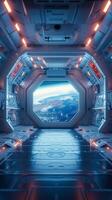 AI generated Futuristic spaceship interior with breathtaking view from window, 3D Vertical Mobile Wallpaper photo
