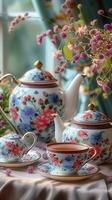 AI generated Photo Tea set featuring elegant floral dishware accompanied by beautiful flowers Vertical Mobile Wallpaper