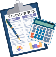 Clipboard with balance sheet and pen. png