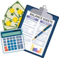 Clipboard with balance sheet and pen. png