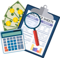 Clipboard with balance sheet and magnifying glass png