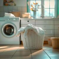 AI generated Dirty laundry awaits washing in basket beside laundry machine For Social Media Post Size photo