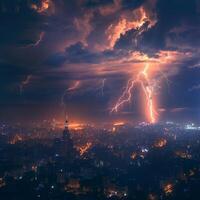 AI generated Dramatic lightning illuminates city skyline in nocturnal urban scene For Social Media Post Size photo