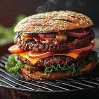 ai generado delicioso vegetariano hamburguesa apilado alto con sabroso planta establecido coberturas para social medios de comunicación enviar Talla foto