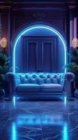 AI generated Contemporary interior featuring twin leather sofas bathed in blue light Vertical Mobile Wallpaper photo