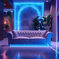 AI generated Contemporary interior featuring twin leather sofas bathed in blue light For Social Media Post Size photo