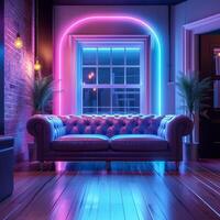 ai generado moderno salón con doble cuero sofás iluminado por vibrante neones para social medios de comunicación enviar Talla foto