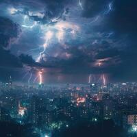 AI generated Dramatic lightning illuminates city skyline in nocturnal urban scene For Social Media Post Size photo