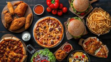AI generated Buffet table scene of take out or delivery foods. Pizza, hamburgers, fried chicken and sides. Above view on a dark wood background photo