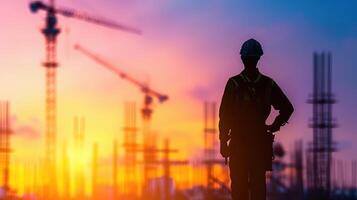 AI generated Silhouette engineer standing orders for construction crews to work on high ground heavy industry photo